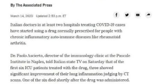 Coronavirus, il farmaco anti-Covid 19 studiato a Napoli finisce sul New York Times