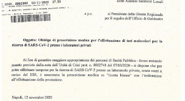 UFFICIALE - Coronavirus Campania, da oggi necessaria prescrizione medica per il tampone privato