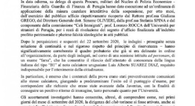 Esame Luis Suarez a Perugia, il comunicato della Procura: Girate risposte dell'esame per rispondere a richieste della Juve [FOTO]