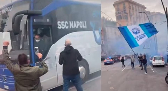 Pullman del Napoli si ferma per salutare gli Ultras andando al Maradona