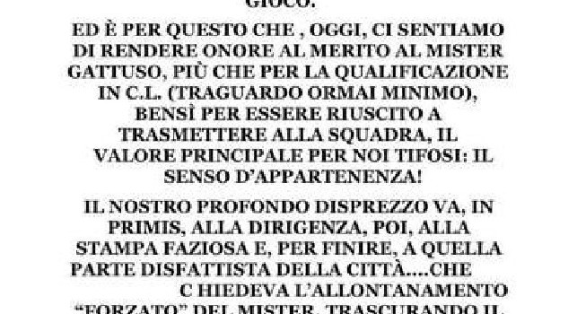 Addio Gattuso, la Curva A appoggia l'allentore: Onore a lui e alla squadra che s'è schierata, disprezzo alla dirigenza [FOTO]