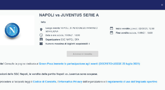Biglietti Napoli-Juve, TicketOne: Su indicazioni della SSC Napoli, le vendite sono sospese