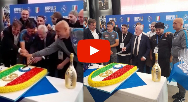 Festa scudetto SSC Napoli, il brindisi e la torta con Spalletti, Giuntoli, ADL e Simeone | VIDEO