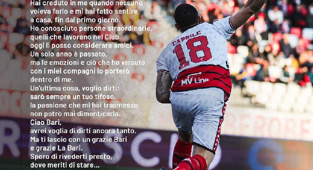 La lettera di Caprile: “Ciao Bari, prima di andare via ho alcune cose da dirti” | FOTO