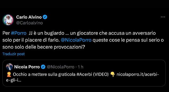 Caso Juan Jesus-Acerbi, Alvino contro Nicola Porro: Ma queste cose che dici le pensa davvero?