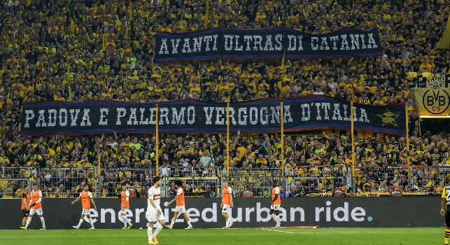 Padova e Palermo vergogna d'Italia. Striscione a sorpresa a Dortmund, c'entra il Napoli | FOTO