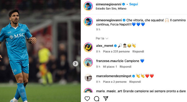 Simeone esulta sui social dopo la vittoria del Napoli a Milano | FOTO