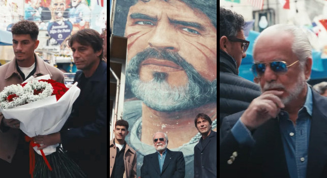 De Laurentiis con Conte e Di Lorenzo: le immagini ai murales per Maradona | VIDEO