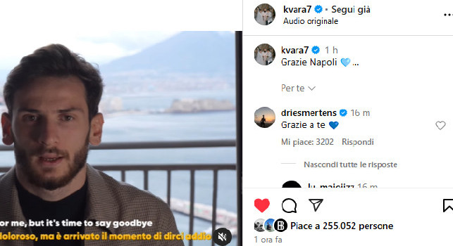 Video clip di addio Kvaratskhelia da brividi, anche Mertens commosso: Grazie a te | FOTO