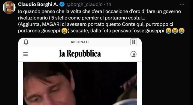 Gaffe per il leghista Borghi: tweet sul leader politico, ma sbaglia Conte e posta la foto dell’allenatore del Napoli