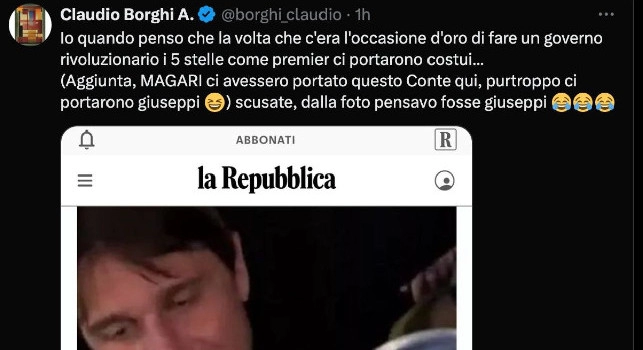 Gaffe per il leghista Borghi: tweet sul leader politico, ma sbaglia Conte e posta la foto dell&rsquo;allenatore del Napoli