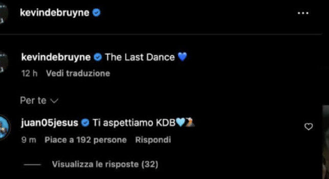 De Bruyne al Napoli, Juan Jesus scrive sotto un post del belga: Ti aspettiamo KDB! | FOTO
