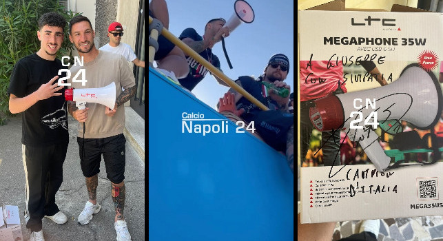 Politano incontra il tifoso del megafono della parata scudetto: regalo speciale! Ma l'amplificatore me lo tengo | VIDEO CN24