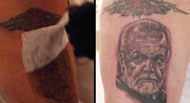 Incredibile a Napoli: tifoso si tatua il volto di Aurelio De Laurentiis! | VIDEO