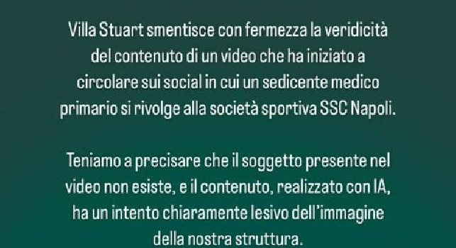 Comunicato Clinica Villa Stuart: Smentiamo un contenuto social fatto con IA di un sedicente primario che si rivolge alla SSC Napoli
