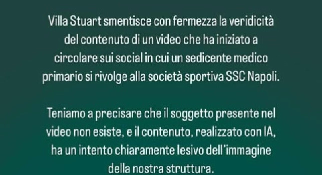 Comunicato Clinica Villa Stuart: Smentiamo un contenuto social fatto con IA di un sedicente primario che si rivolge alla SSC Napoli