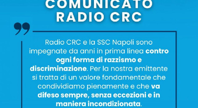Comunicato Radio CRC: Insieme alla SSC Napoli sempre in prima linea contro razzismo e discriminazione