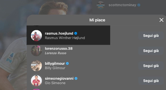 Sassuolo-Napoli 0-2, spunta il like di Hojlund sotto il post di McTominay | FOTO