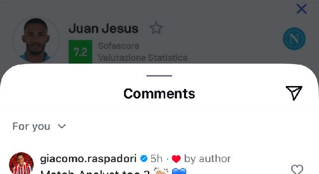 Raspadori non dimentica Napoli, simpatico siparietto social con Juan Jesus | FOTO