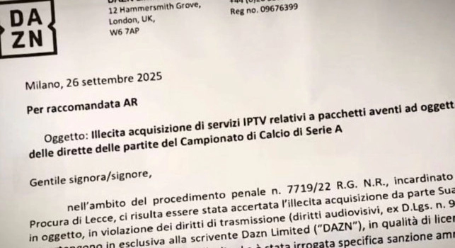 Terremoto DAZN: inviate queste lettere a chi usa il 'pezzotto'! Chiesto grosso risarcimento: le cifre!