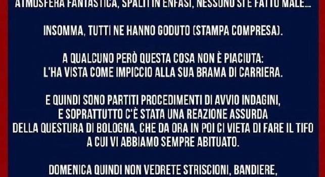Comunicato Curva Andrea Costa di Bologna: Non tiferemo quest'oggi: ecco il motivo | FOTO