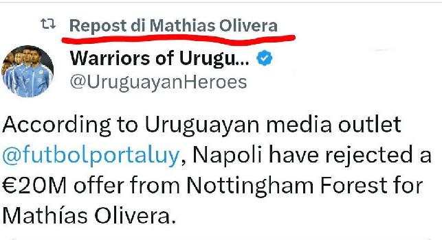 Il Napoli ha rifiutato un'offerta per Olivera: il terzino condivide la notizia sui social | FOTO