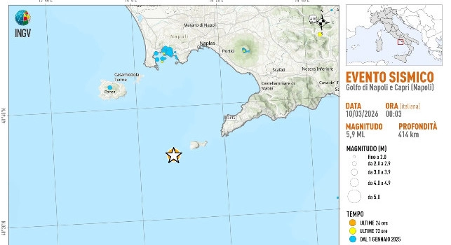 Forte scossa di terremoto nella zona Golfo di Napoli e Capri: epicentro e magnitudo