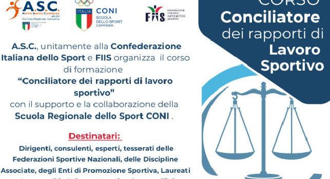 Sport e formazione: al via il corso per &ldquo;Conciliatore dei rapporti di lavoro sportivo&rdquo;, info e dettagli