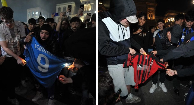 Festa scudetto Inter, gesto vergognoso a Milano: bruciate le magliette di Napoli e Milan | FOTO