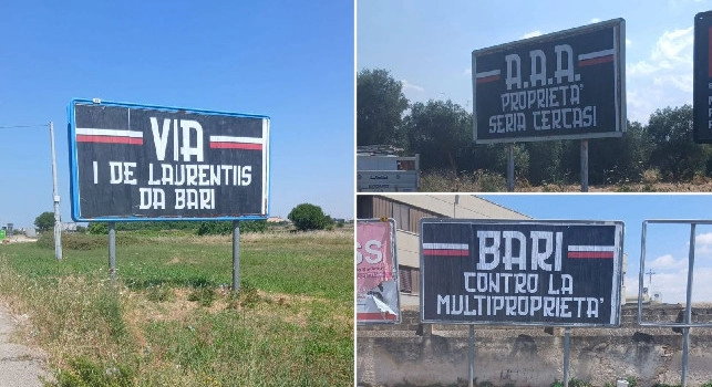 Via i De Laurentiis da Bari. Pugliesi in Serie C, la protesta dei tifosi non accenna a placarsi: spuntano maxi cartelloni in città | FOTO