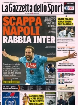 FOTO - La prima pagina della Gazzetta dello Sport: Scappa Napoli, rabbia Inter