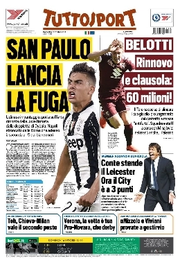 FOTO - TuttoSport in prima pagina: San Paulo lancia la fuga: Napoli stroncato dalla Roma, seconda a -5 dai bianconeri