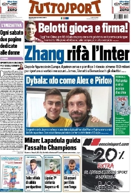 Tuttosport in prima pagina: Belotti gioca e firma, Zhang rif&agrave; l'Inter