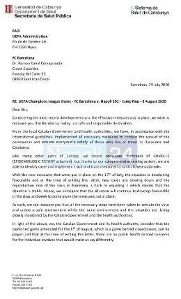 Barcellona-Napoli, la Generalitat catalana scrive alla UEFA: Non ci sono preoccupazioni per il match e le persone coinvolte! Si pu&ograve; giocare in Spagna, la citt&agrave; &egrave; una destinazione sicura [FOTO CN24]