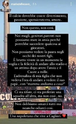 Gaetano, la moglie contro gli scontri a Cagliari: Mia figlia voleva vedere il pap&agrave; giocare, poi mi ha chiesto di andare a casa
