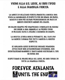Morte Graziano Fiorita, volantino ultr&agrave; Atalanta: La morte &egrave; uguale per tutti. Niente bandiere e striscioni se si giocher&agrave; | FOTO